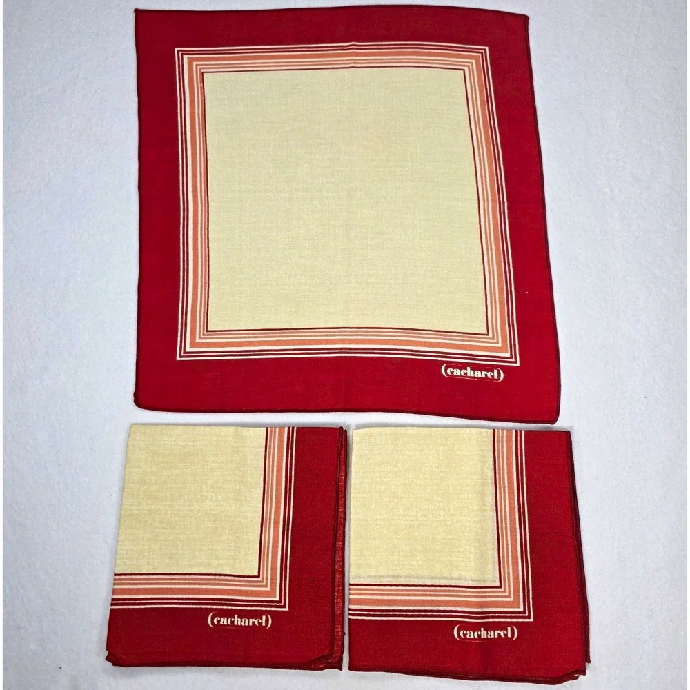Vintage Cacharel Cotton Square 3 Piece Napkins Set Border Pattern Red Beige